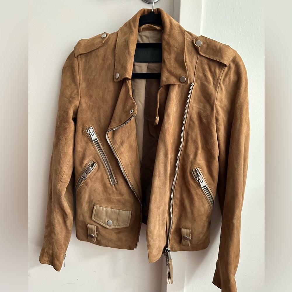 All Saints tan suede leather jacket